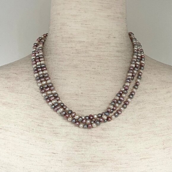 Sterling Silver Triple Strand Pastel Multicolor Freshwater Pearl Necklace 18" - Picture 1 of 15